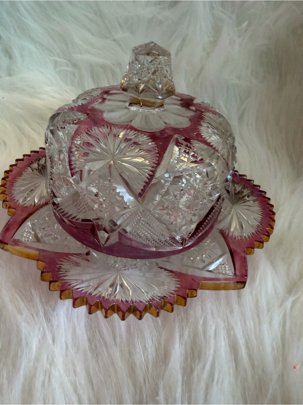 Vintage Cut Glass Covered Butter Dish in Pink and Amber